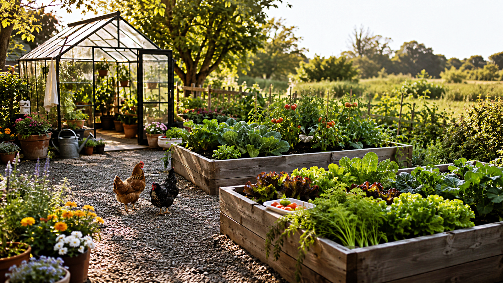 A thriving backyard vegetable garden with raised beds, a greenhouse and hens