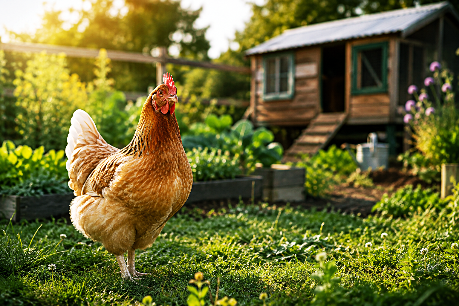 A healthy backyard hen standing near a garden and chicken coop