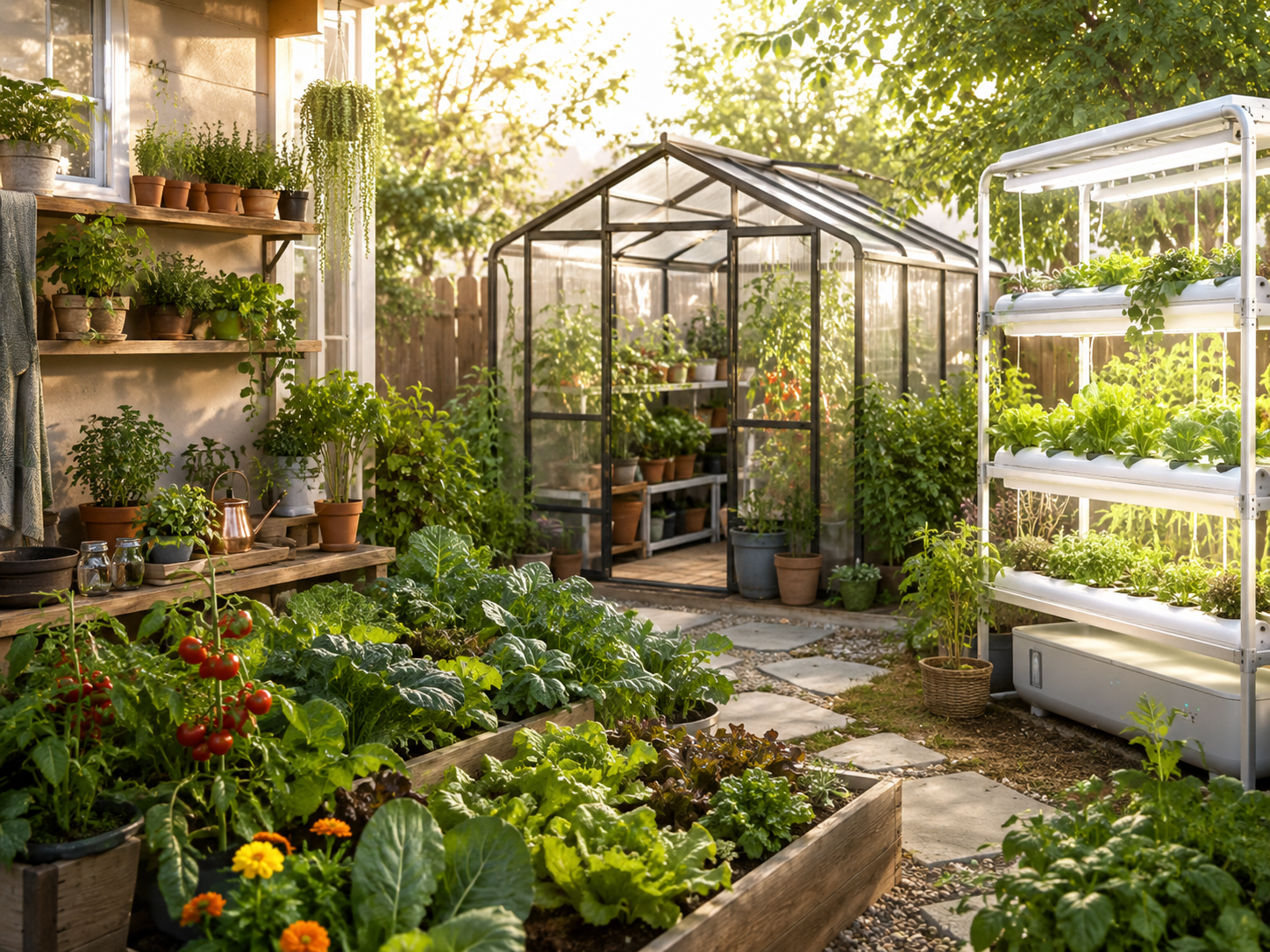 A collage-style growing space with indoor plants, hydroponics, raised beds and a greenhouse