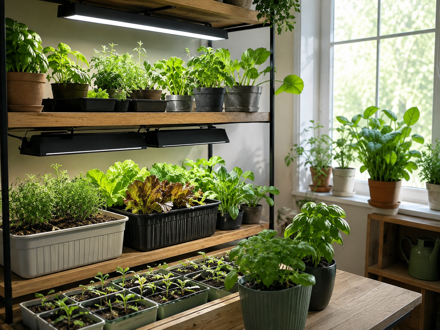 Indoor herbs and leafy greens growing under lights