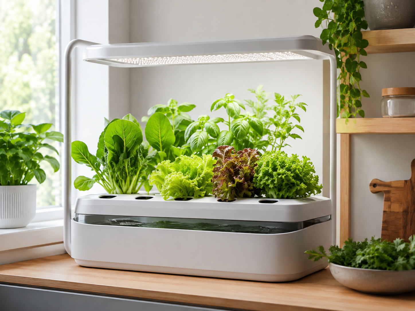 A clean home hydroponic system growing leafy greens