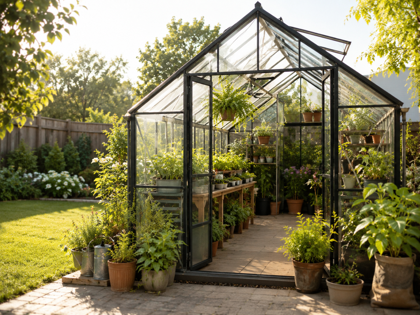 A backyard greenhouse filled with healthy plants
