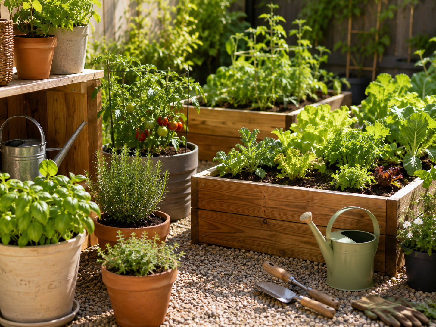 A welcoming beginner garden with containers, raised beds and simple tools