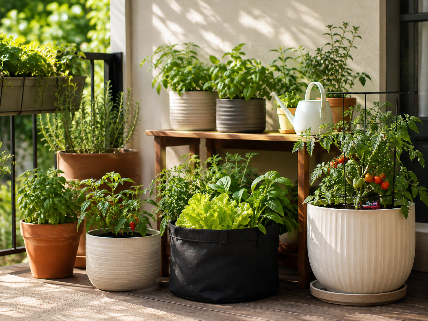 A beginner container garden with herbs and vegetables
