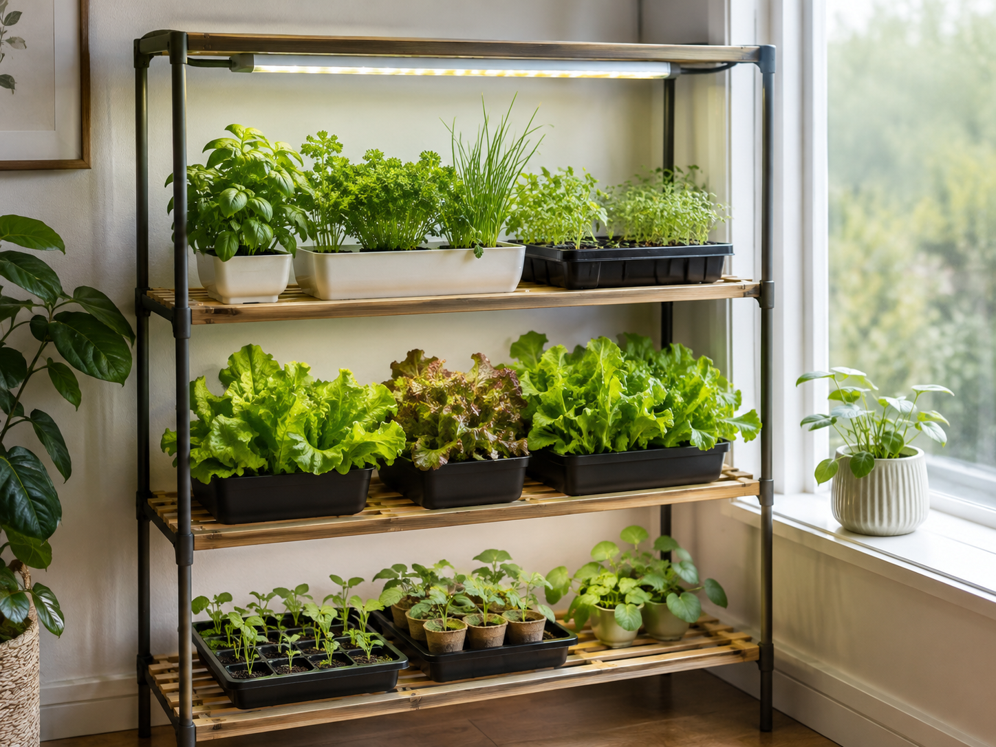 A simple indoor growing shelf with herbs and greens