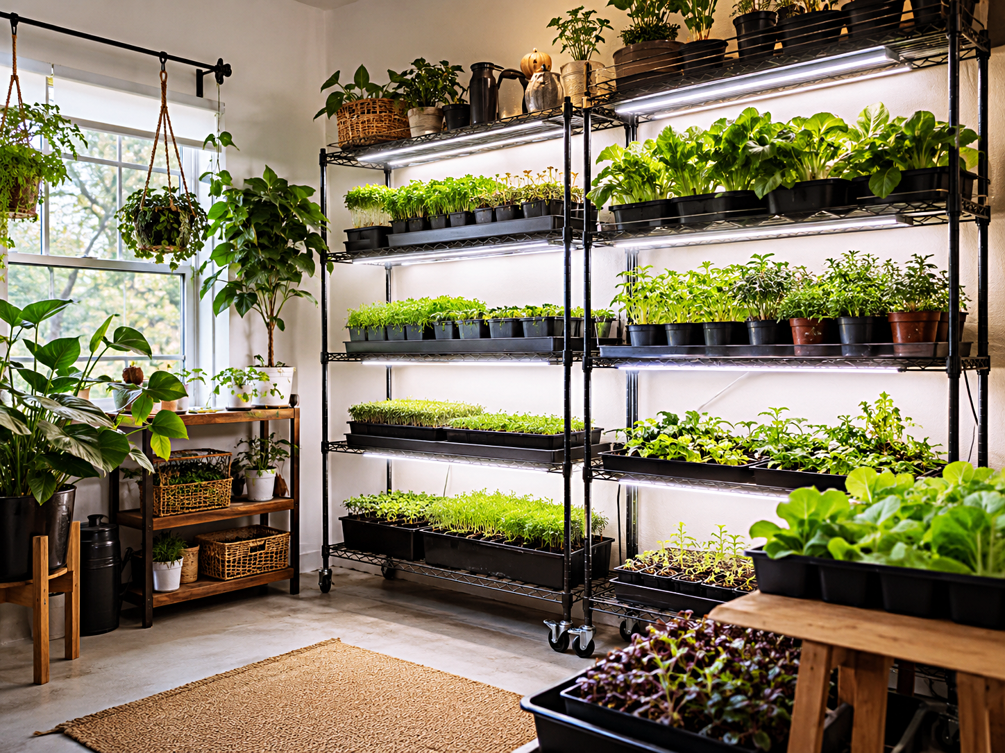 A bright indoor growing room with herbs, leafy greens and grow lights