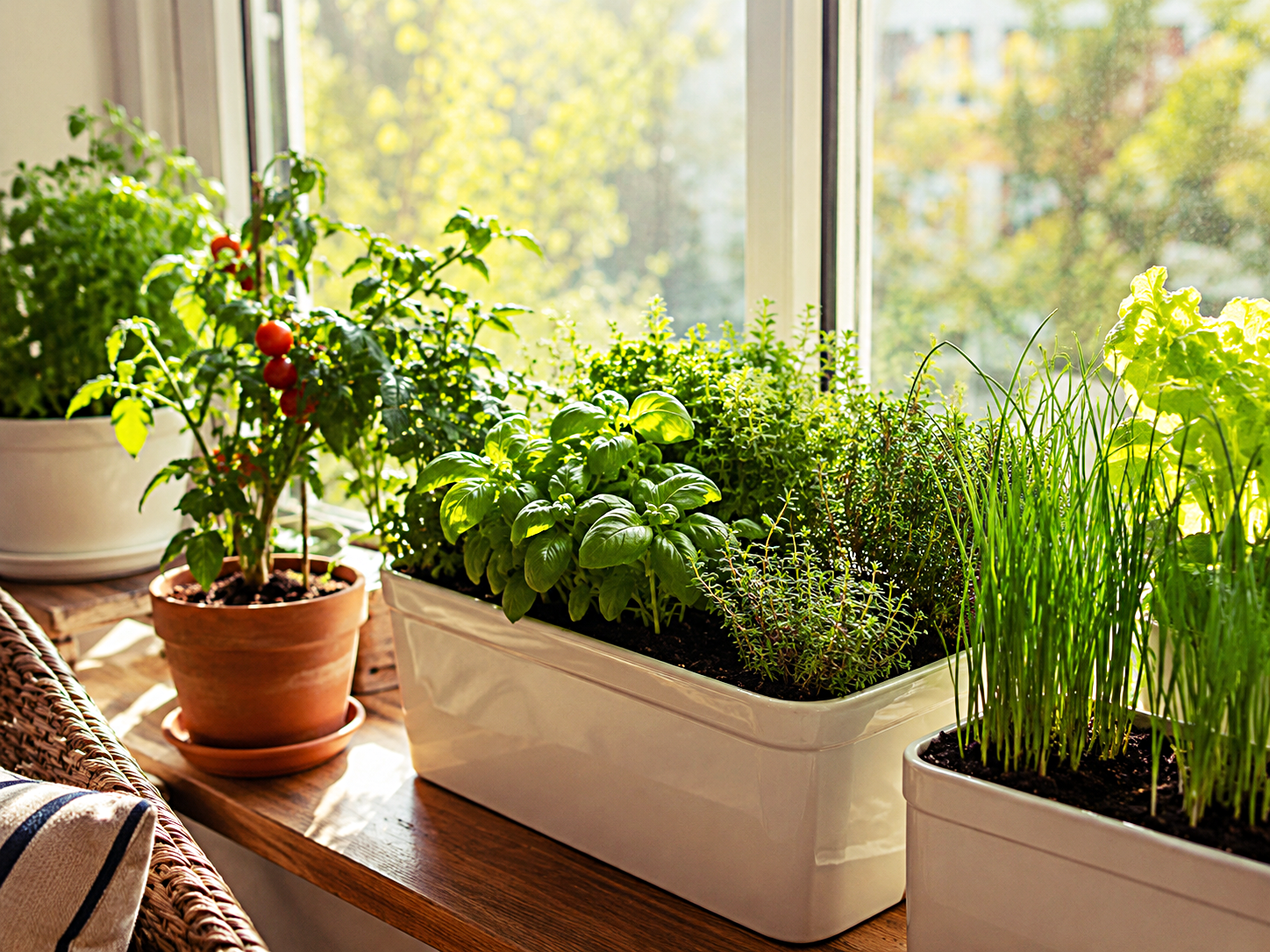 A sunny windowsill garden with herbs in small containers