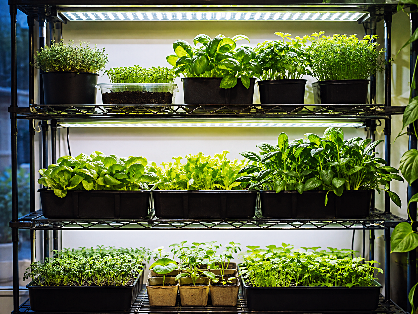 An indoor grow-light shelf filled with herbs and leafy greens