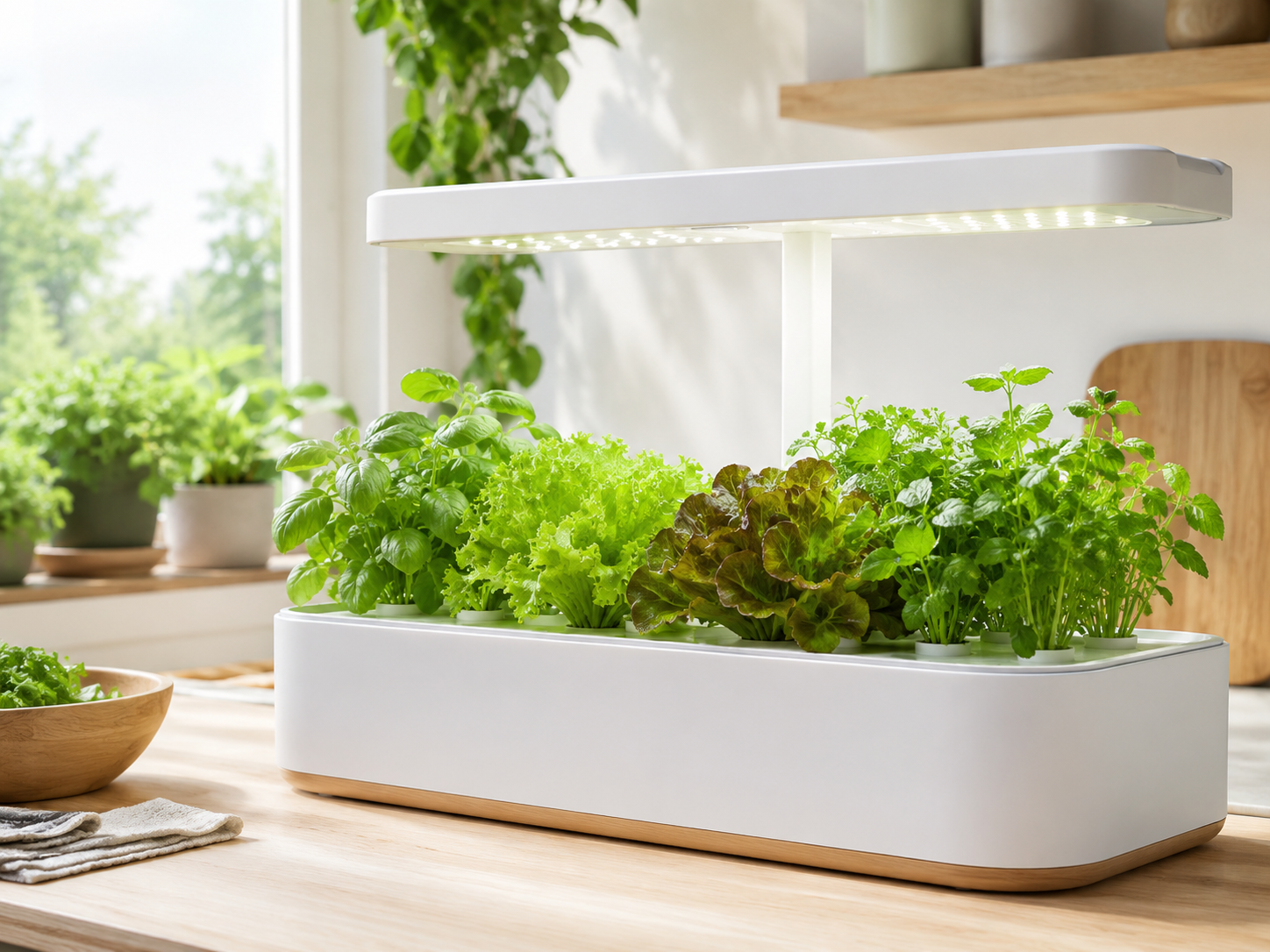 A clean home hydroponic garden growing leafy greens and herbs
