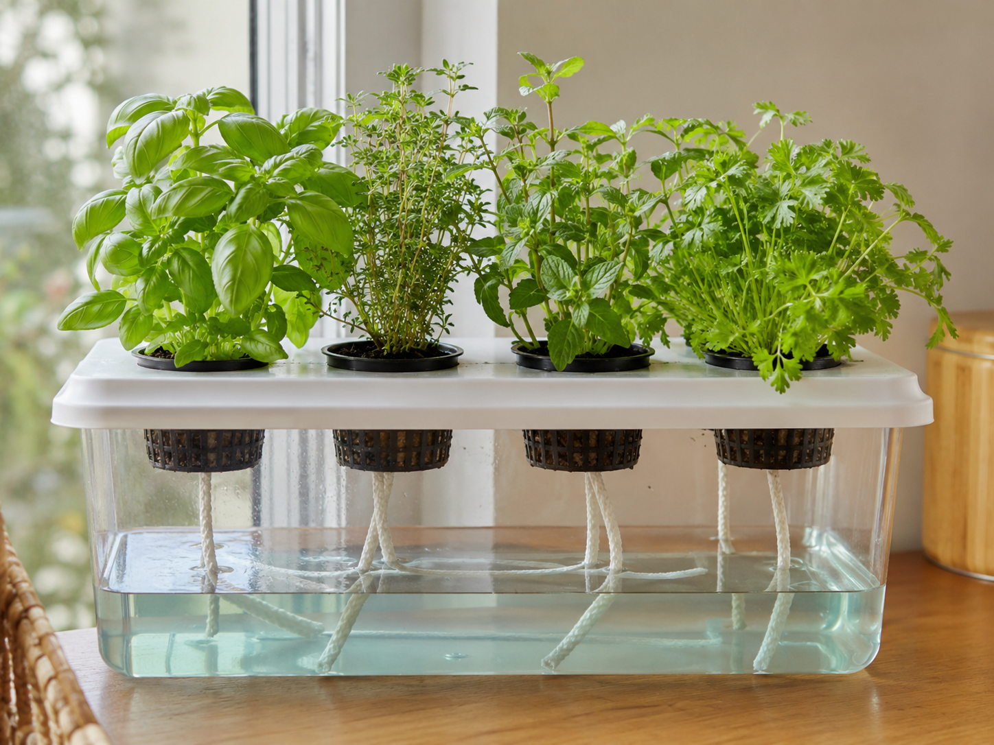 A simple wick hydroponic system with herbs