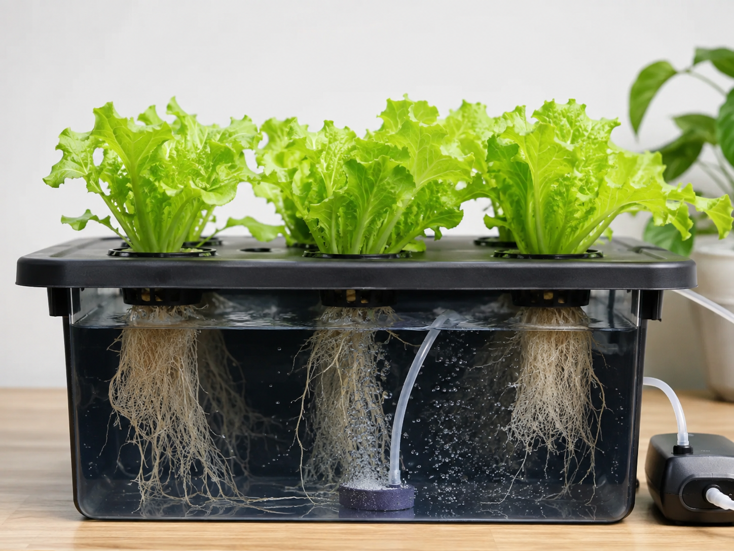A deep-water culture hydroponic system growing lettuce