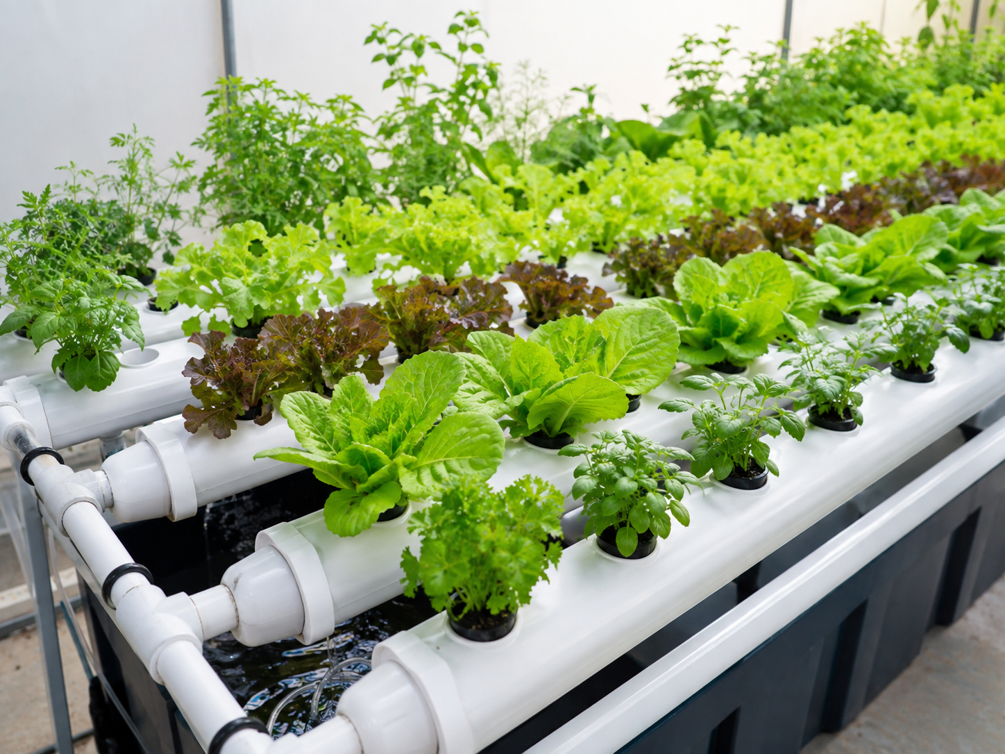 A nutrient-film hydroponic system growing herbs and greens