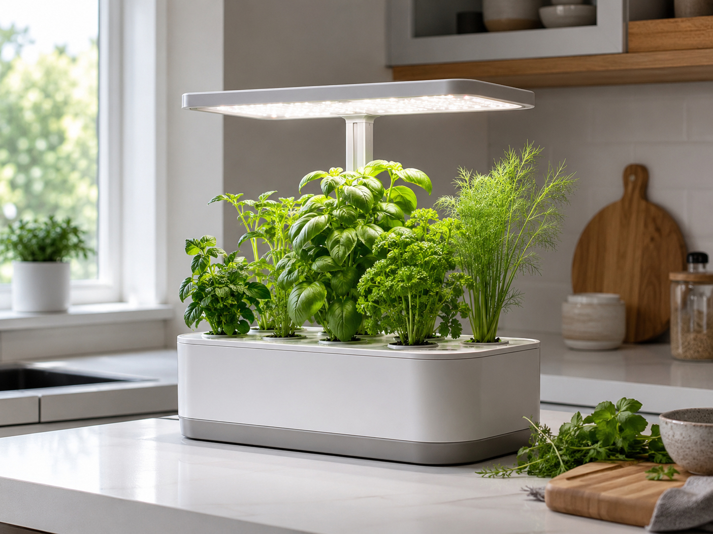 A countertop hydroponic garden growing herbs in a kitchen