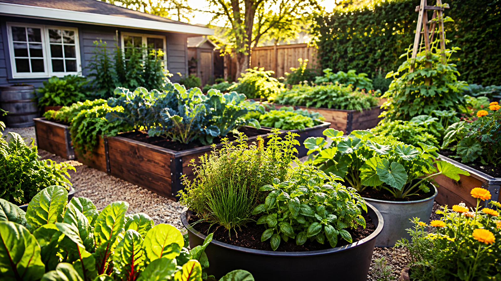 A productive backyard vegetable garden with raised beds and containers