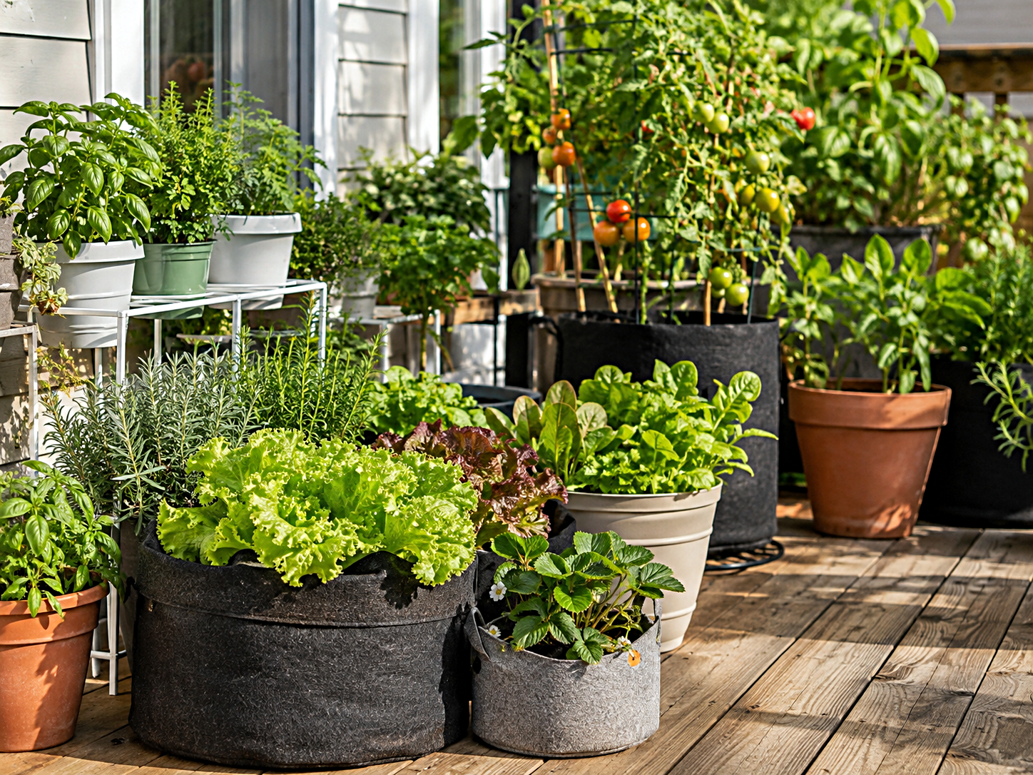 A sunny outdoor container garden with vegetables and herbs