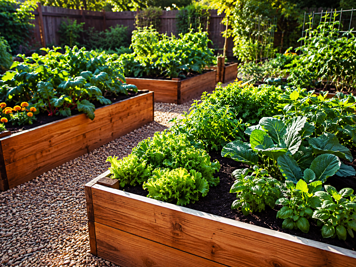 A tidy raised-bed vegetable garden in a sunny backyard