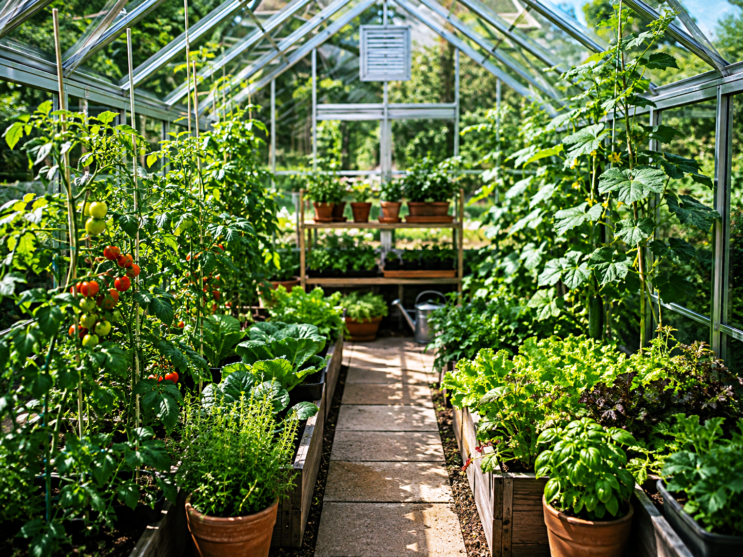 A bright backyard greenhouse filled with healthy vegetables and herbs