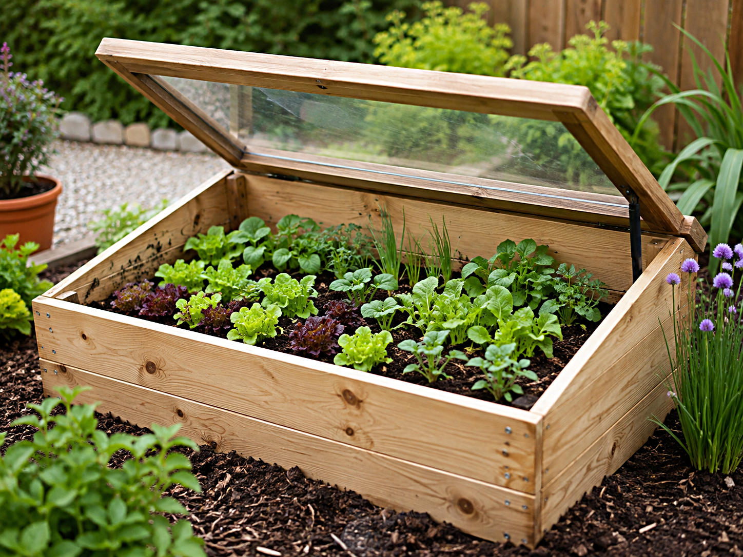 A wooden cold frame protecting young vegetable plants