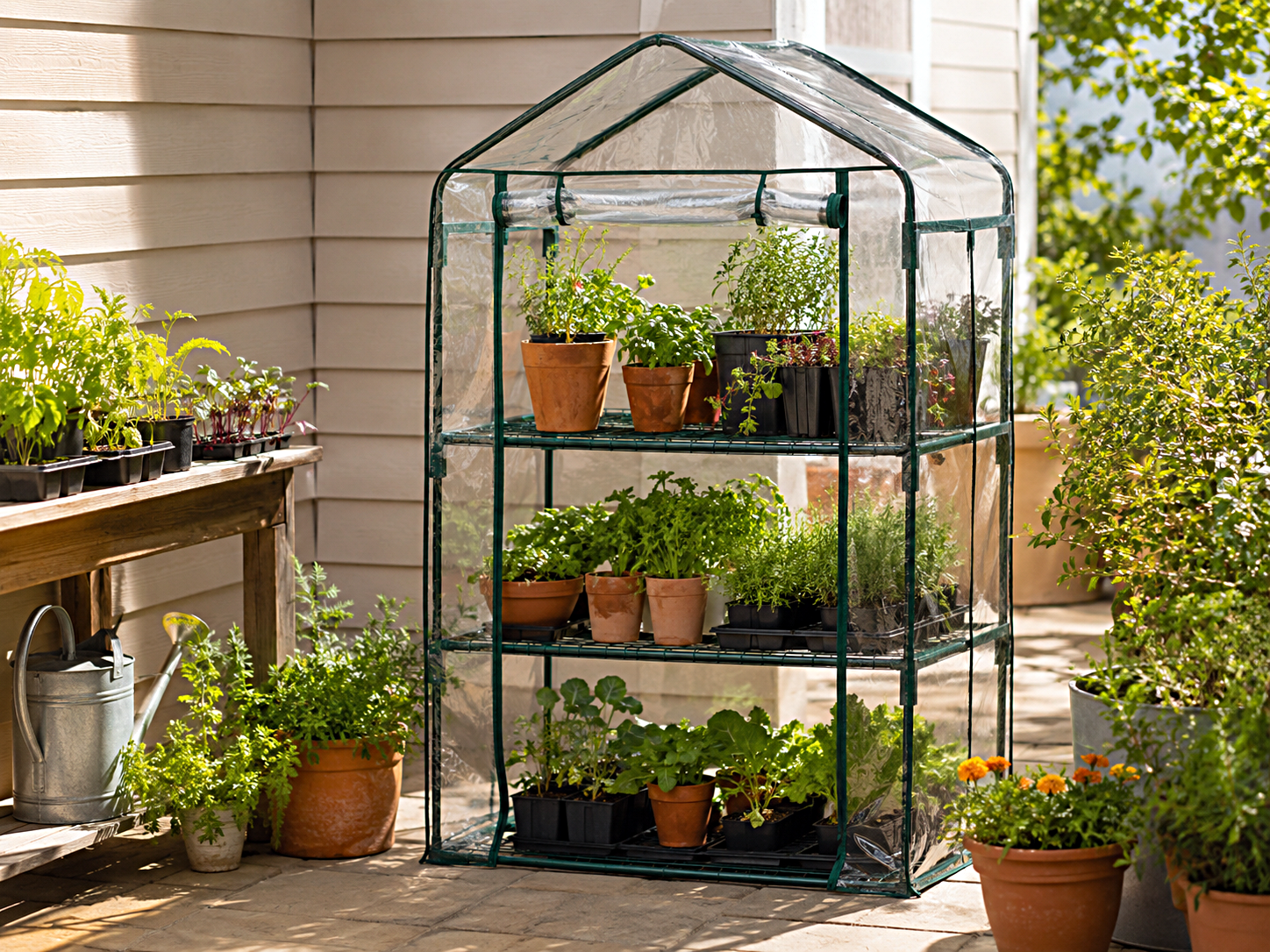 A compact mini greenhouse on a patio with shelves of plants