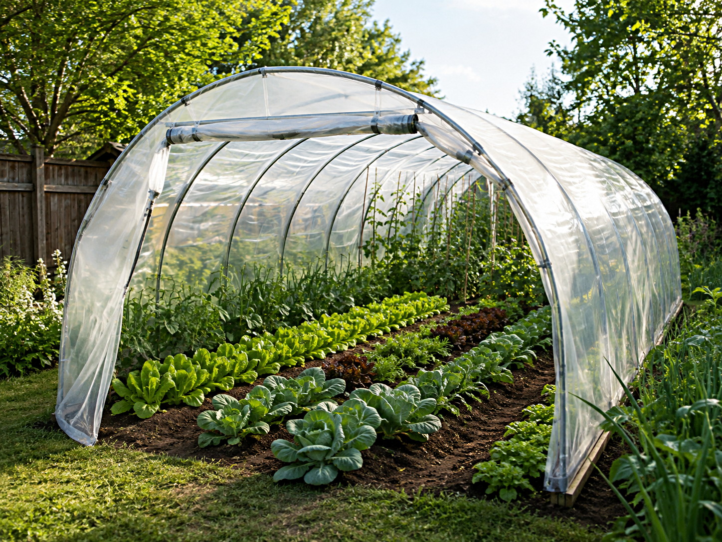 A backyard hoop house protecting rows of vegetables