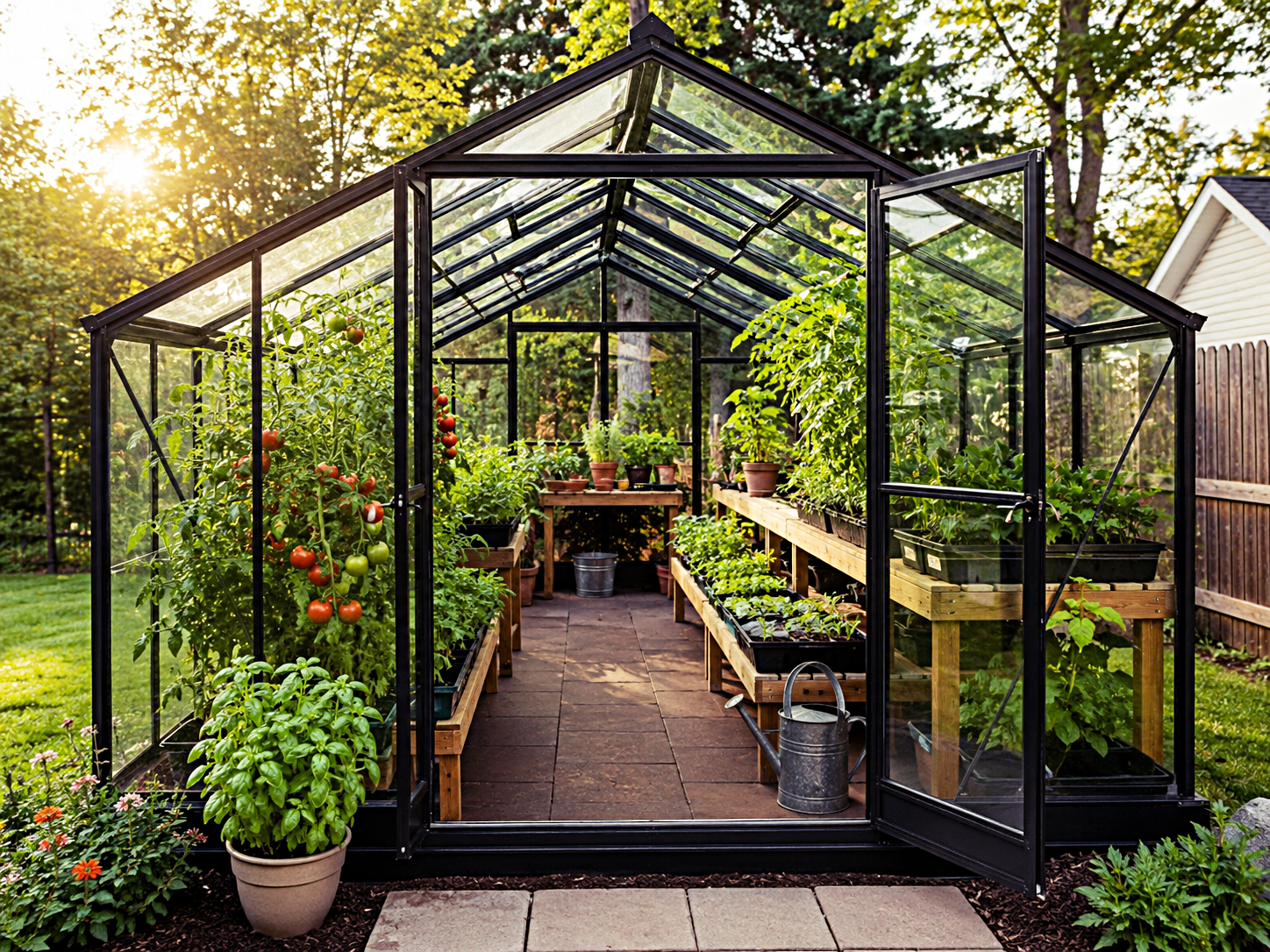 A full-size backyard greenhouse with benches and vegetables