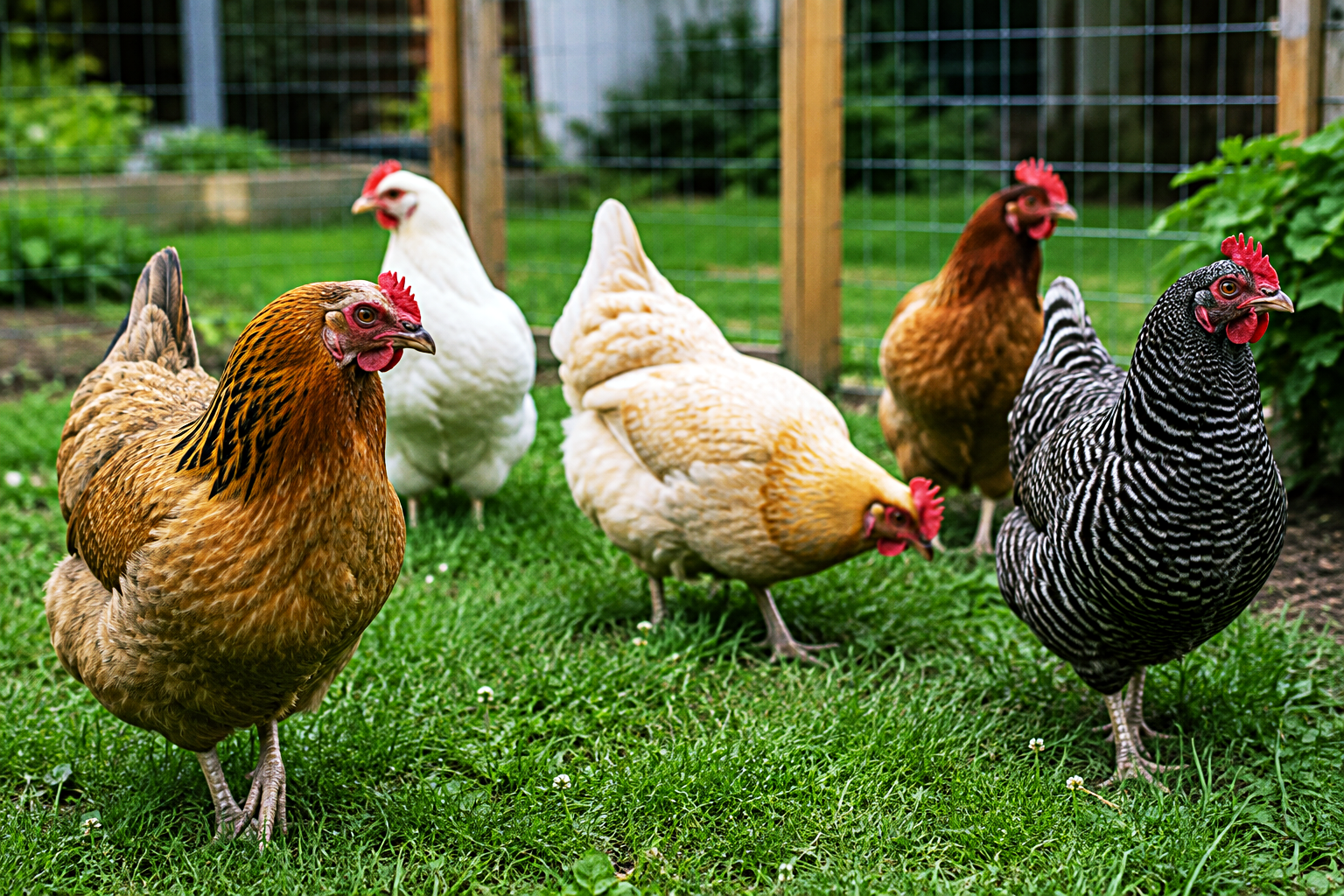 A small group of calm backyard hens in a grassy run