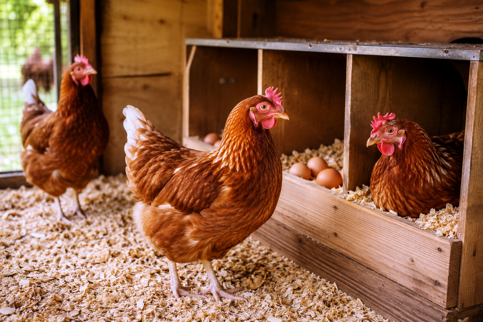 Healthy laying hens near clean nesting boxes