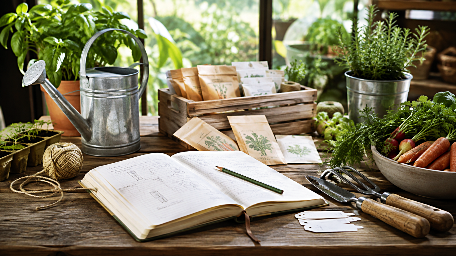 A beautiful garden planning workspace with notebooks, seeds and hand tools