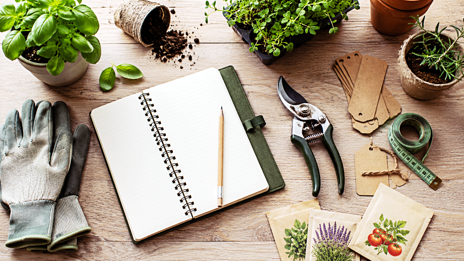 A peaceful garden workspace with notebook, plants and gardening tools