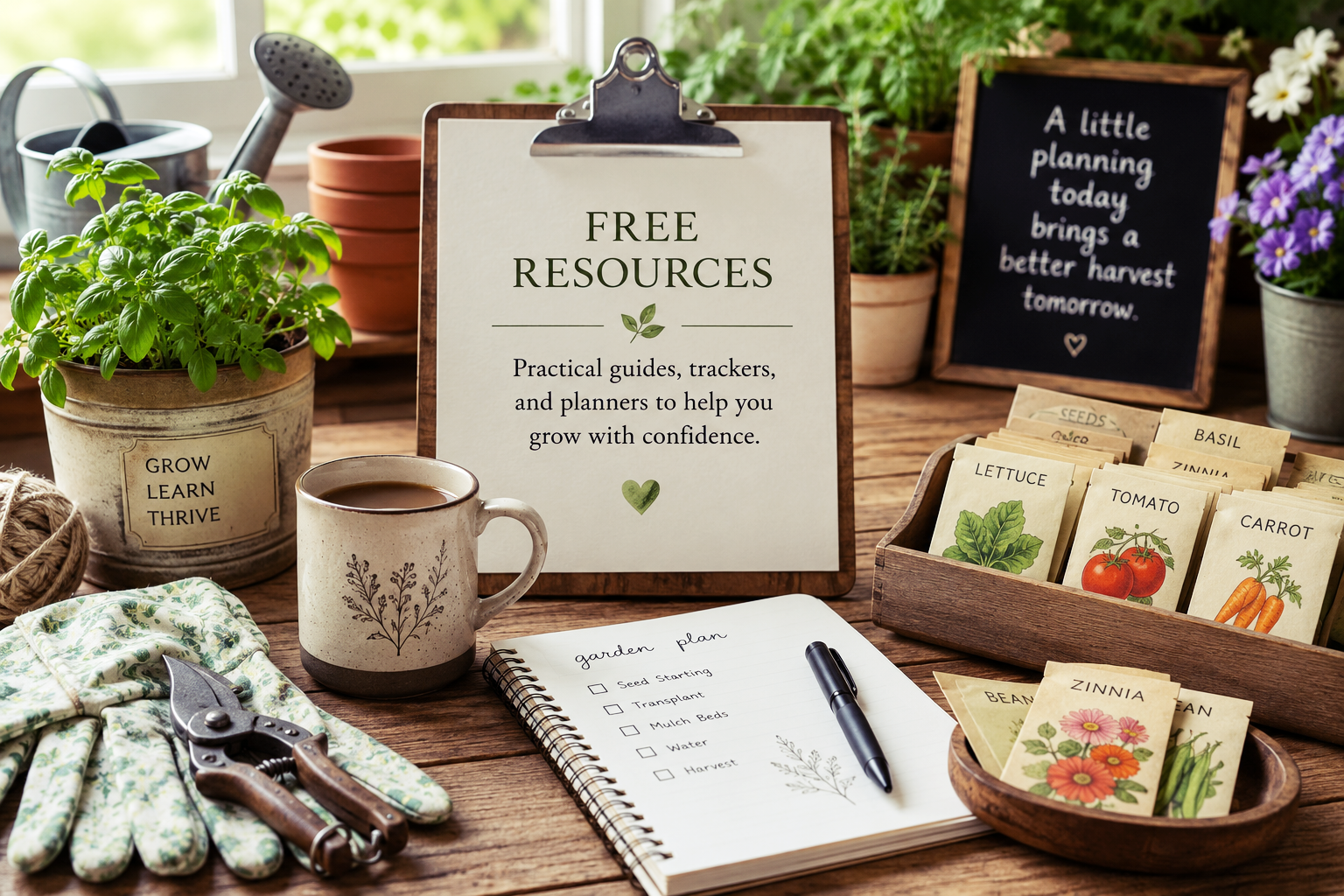 Printable garden planners, checklists and seed packets on a wooden table