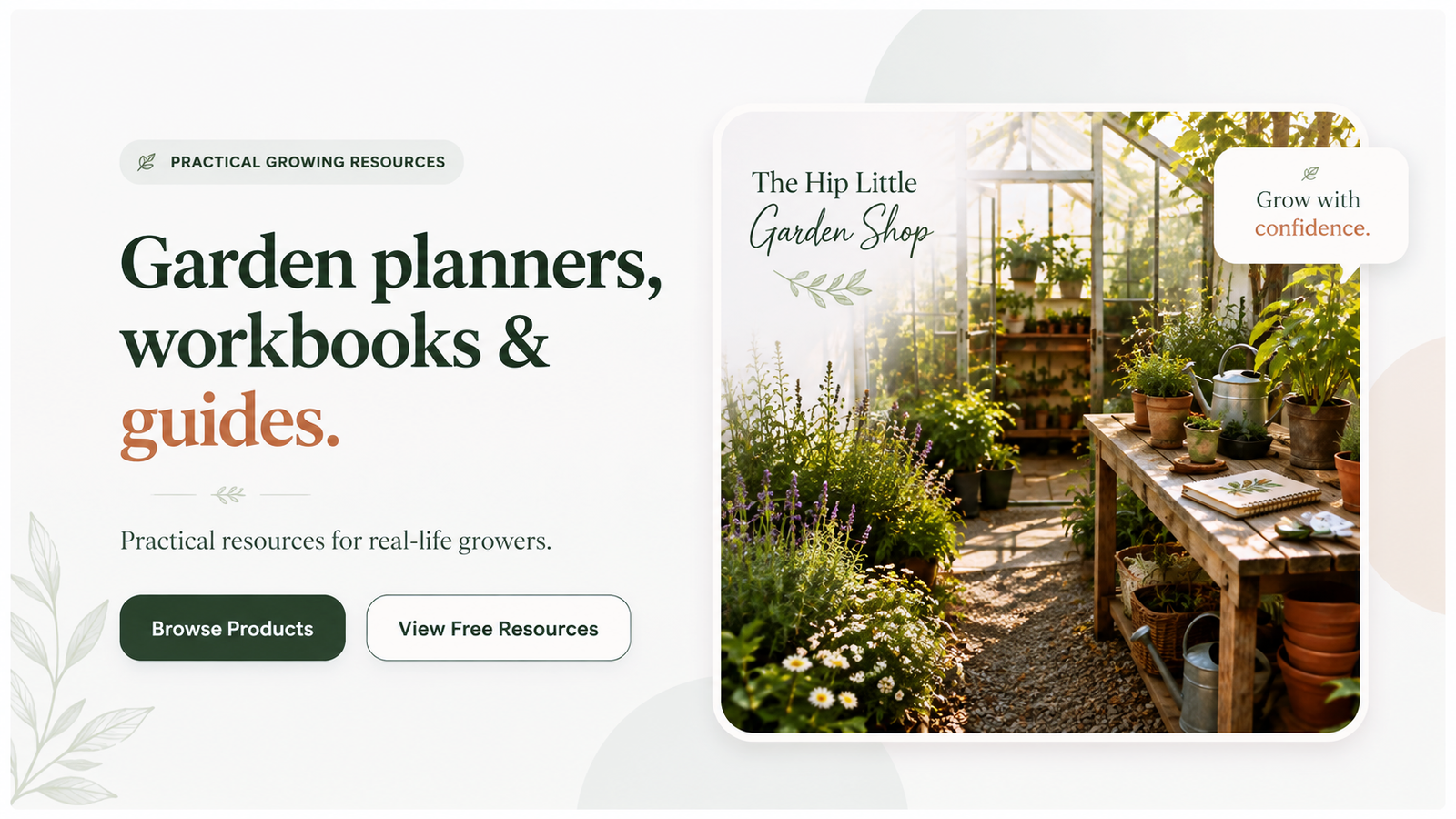 Beautiful printable garden planners, notebooks and gardening tools on a rustic table