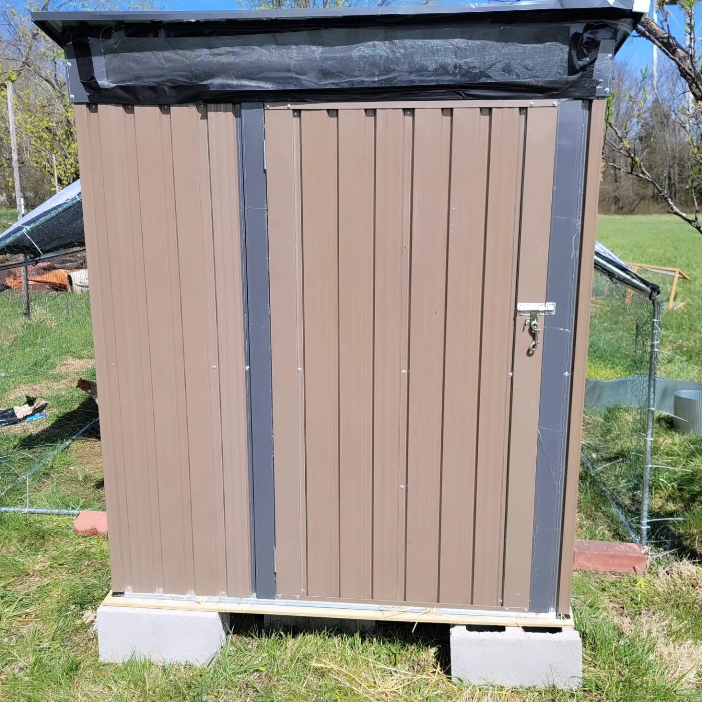 Upper front ventilation opening on metal shed chicken coop