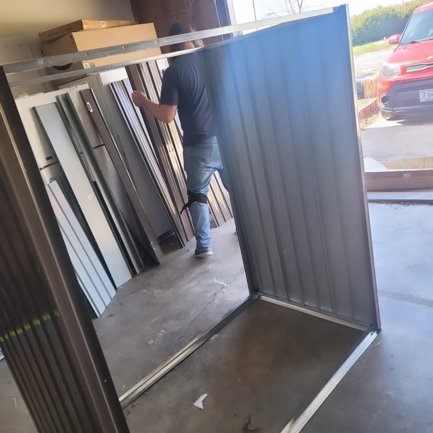 Metal shed frame during assembly