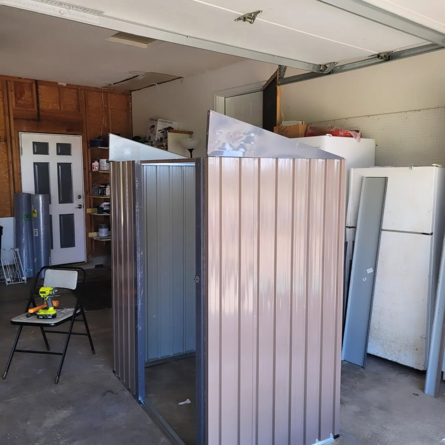 Completed metal shed exterior before chicken coop conversion